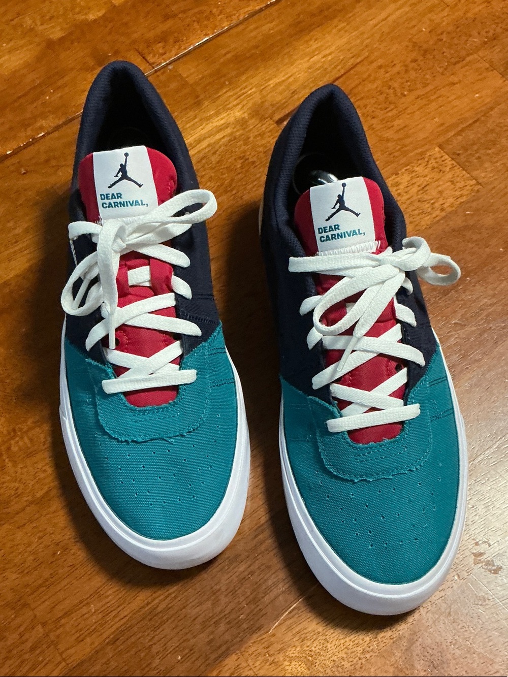 Jordan Low-Top “Dear Carnival” Sneakers in Teal, Navy & Red